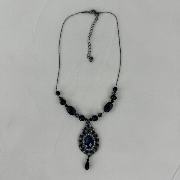 Vintage NR Pendant Necklace Dangle Earrings Set Gunmetal Midnight Blue Metallic - Picture 3 of 16